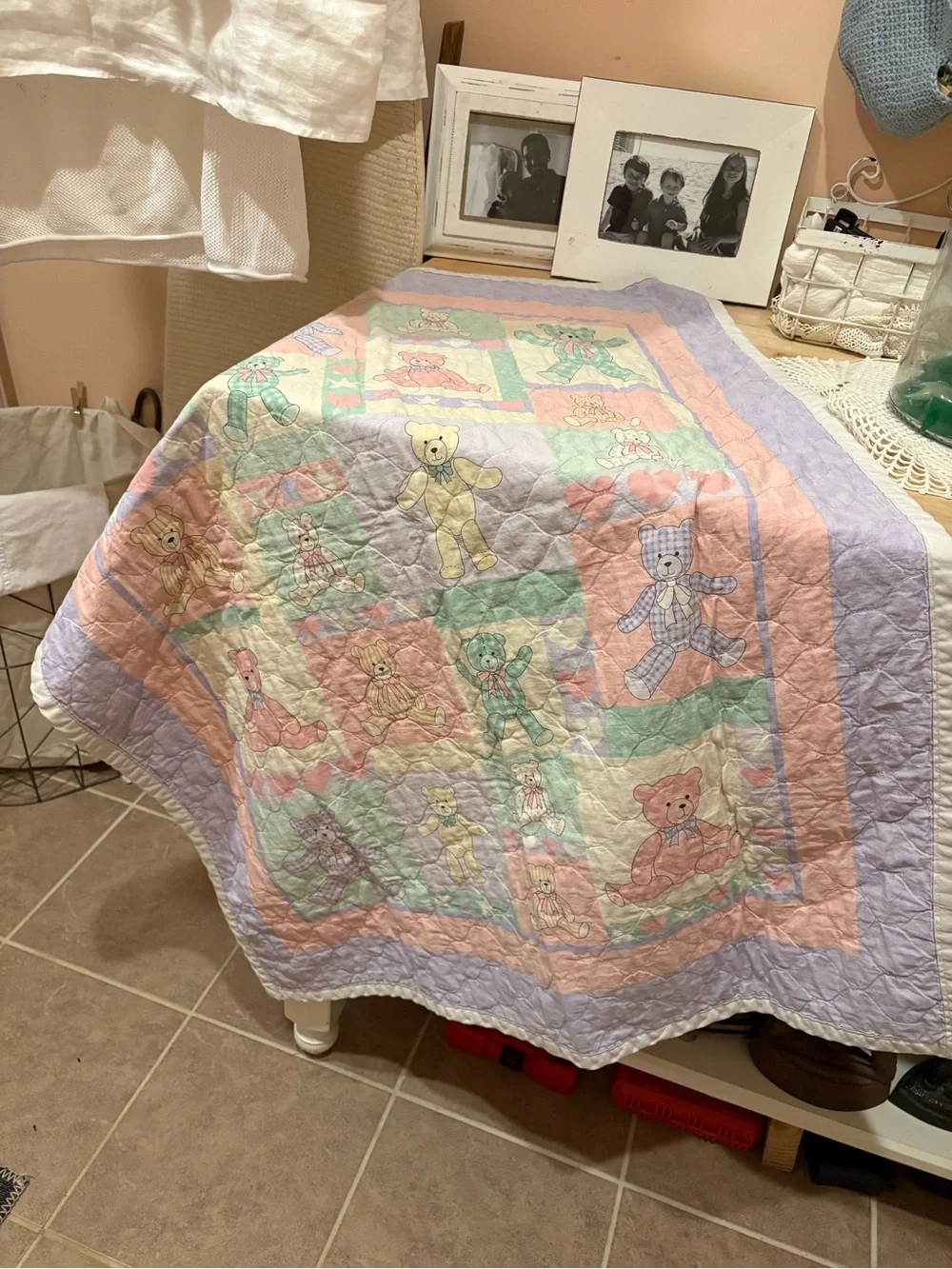 Vintage Pastel Teddy Bear Baby Quilt - Multi Pastel Colors